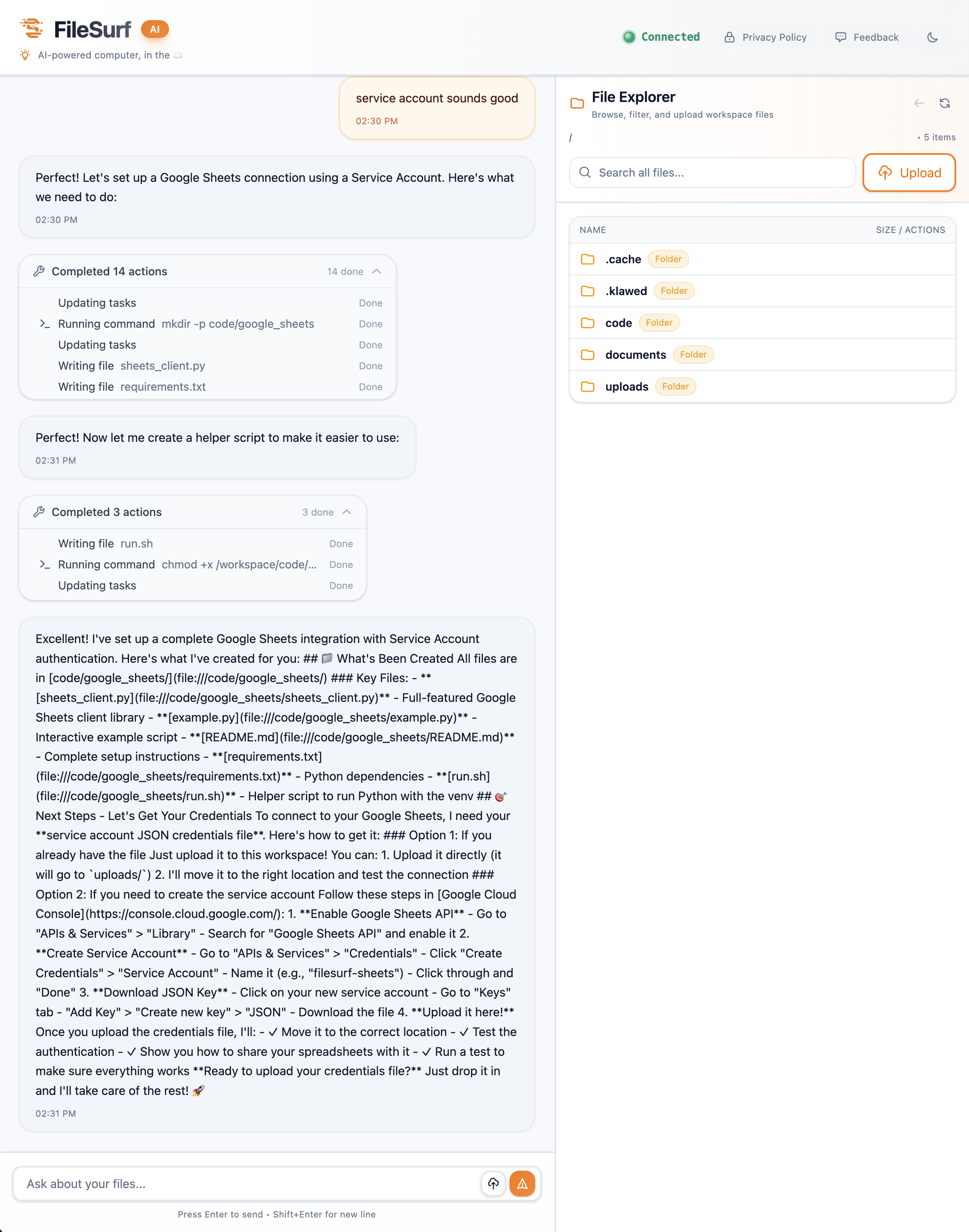 Service account setup in progress