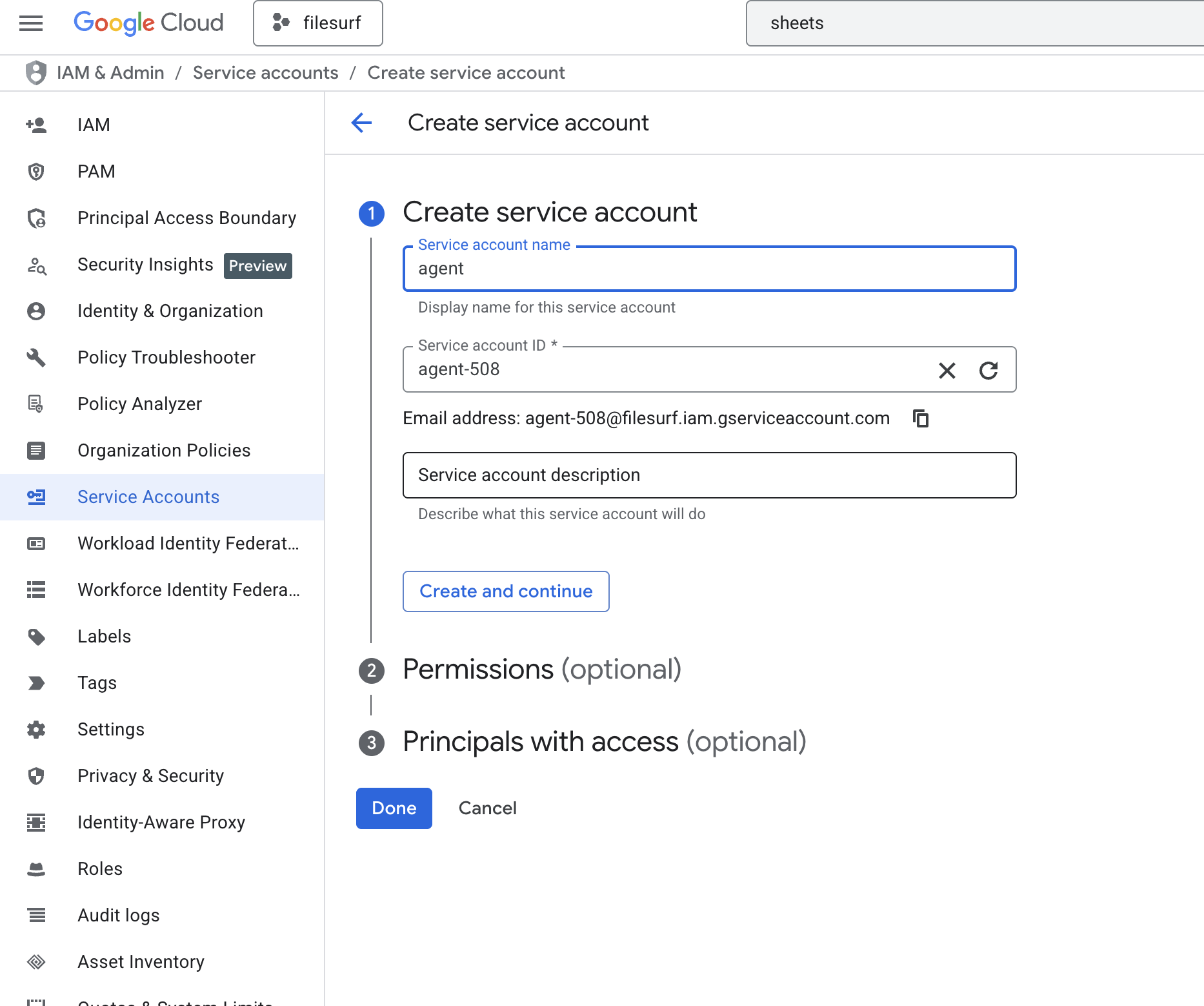 Google Cloud service account created