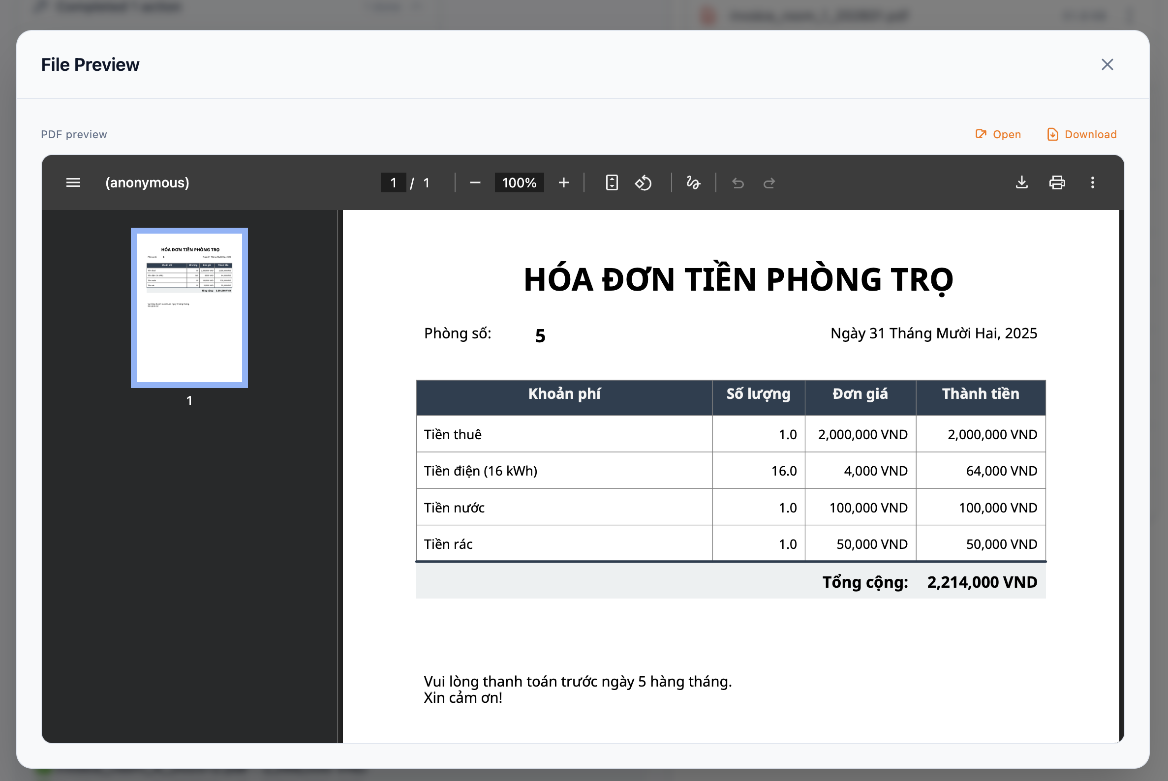 Vietnamese invoice preview